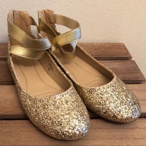 Gold Glitter Ballerina Flats with Straps, size 8.5